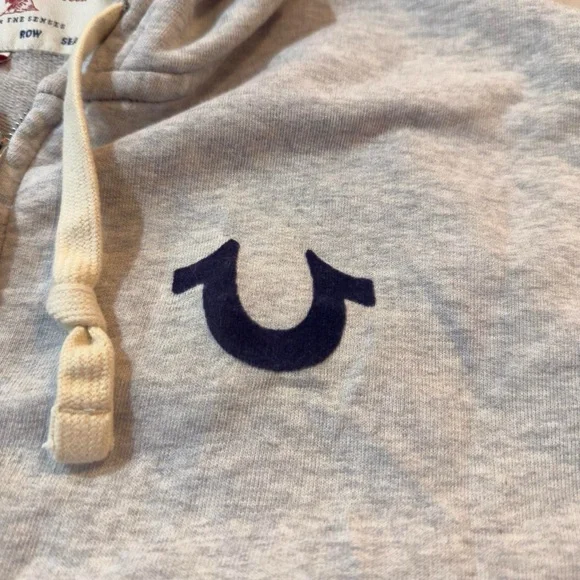 True Religion Light Grey Zip-Up Hoodie with Navy Velvet Logo Graphic — L - Y2K - Picture 6 of 8
